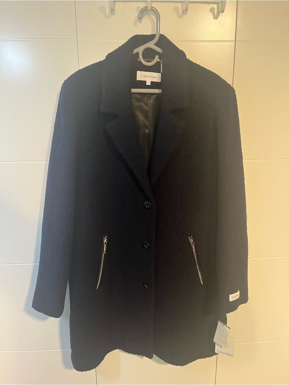 NWT Calvin Klein Women's Navy Boucle Coat with Zipper Pockets XL